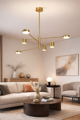 Nowoczesna lampa sufitowa REMDAL LED 36W to eleganckie oświetlenie w złotym kolorze. Neutralna barwa światła 4000K zapewnia komfort użytkowania, a 6 punktów LED skutecznie doświetla pomieszczenie. Idealna do salonu, kuchni i jadalni.