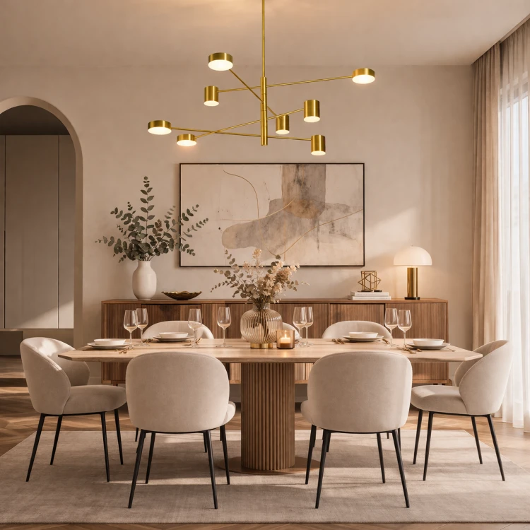 Złota lampa REMDAL 36W LED z 8 punktami światła to stylowe rozwiązanie do dużych wnętrz. Ciepła barwa 3000K tworzy przytulny klimat, a geometryczna konstrukcja nadaje nowoczesny charakter salonowi lub jadalni.