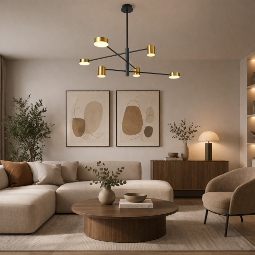 Designerska lampa wisząca REMDAL Italux, stal i akryl, 2700 lumenów, energooszczędne źródło światła LED w eleganckiej czarno-złotej kolorystyce.