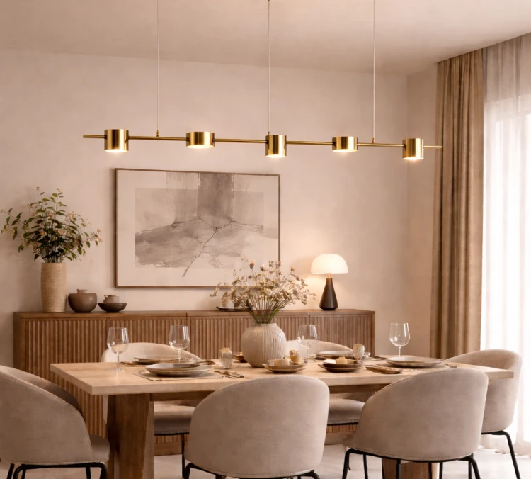 Nowoczesna lampa REMDAL LED 30W w kolorze mosiężnym to stylowe oświetlenie do jadalni. 5 źródeł światła LED zapewnia 2300 lm i komfortową barwę 4000K. Idealna nad stół lub wyspę kuchenną.