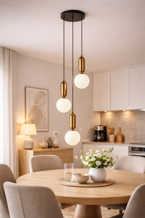 Nowoczesna lampa sufitowa ALDEVA 3xE27 Italux w kolorze brązu antycznego doskonale sprawdzi się nad stołem lub w salonie. Kuliste klosze z mlecznego szkła tworzą przytulny klimat i równomiernie rozpraszają światło.