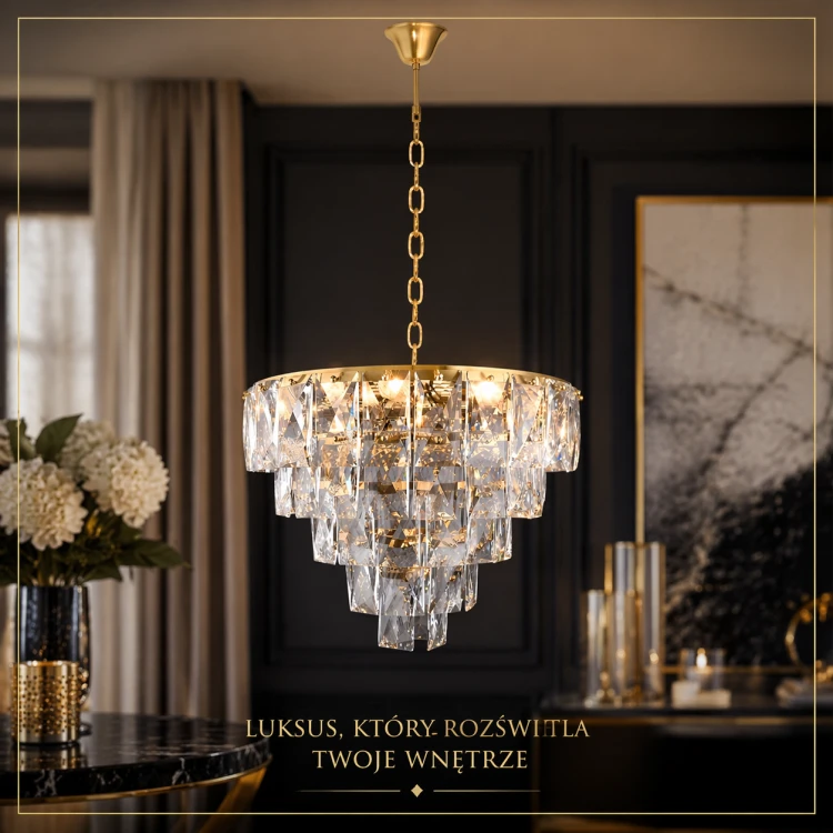 Złota lampa wisząca CHELSEA ML6002 z kryształowym wykończeniem to idealny wybór do wnętrz glamour. Stylowy żyrandol z 6 punktami światła E14, regulowaną wysokością i szerokością 50 cm, doskonale sprawdzi się nad stołem lub w salonie.