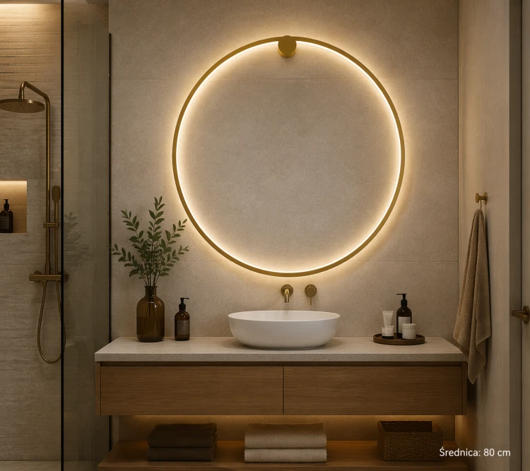 Nowoczesny kinkiet LED ring 80 cm złoty SATURNO w aranżacji łazienki nad lustrem. Neutralne światło 4000K idealne do makijażu i codziennej pielęgnacji, stylowa i funkcjonalna lampa ścienna IP44.