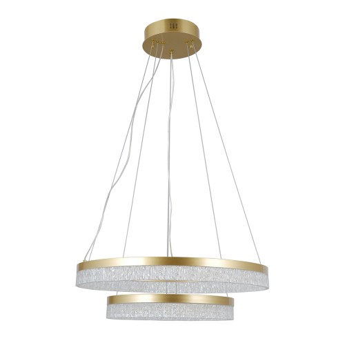 Nowoczesna lampa wisząca Pantal złota z dwoma ringami LED i efektem kryształowym. Na grafice przedstawiono wymiary: średnica 60 cm, wysokość lampy 15,5 cm oraz wysokość całkowita 120 cm.