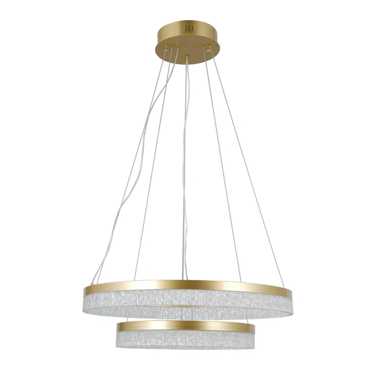 Nowoczesna lampa wisząca Pantal złota z dwoma ringami LED i efektem kryształowym. Na grafice przedstawiono wymiary: średnica 60 cm, wysokość lampy 15,5 cm oraz wysokość całkowita 120 cm.