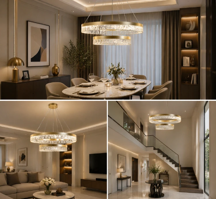 Złota lampa wisząca LED Pantal z podanymi wymiarami technicznymi. Grafika prezentuje średnicę 60 cm, wysokość 15,5 cm oraz maksymalną wysokość zawieszenia 120 cm.