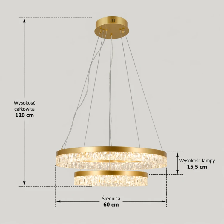 Lampa wisząca Pantal ring LED w kolorze złotym z wizualizacją wymiarów. Średnica 60 cm, wysokość lampy 15,5 cm oraz regulowana wysokość całkowita do 120 cm.