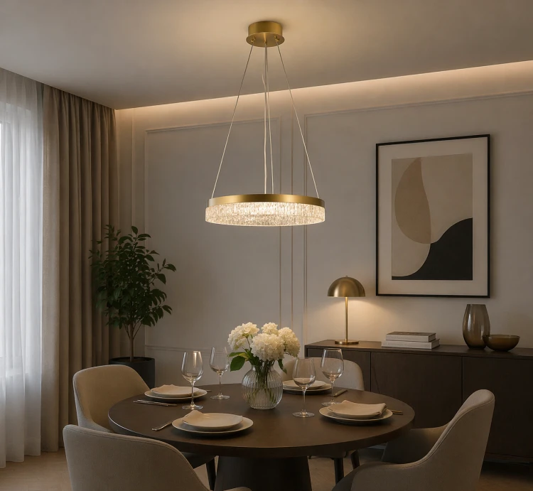 Lampa wisząca ring LED Pantal złota o średnicy 50 cm. Nowoczesny design i możliwość zmiany barwy światła sprawiają, że pasuje do różnych wnętrz.