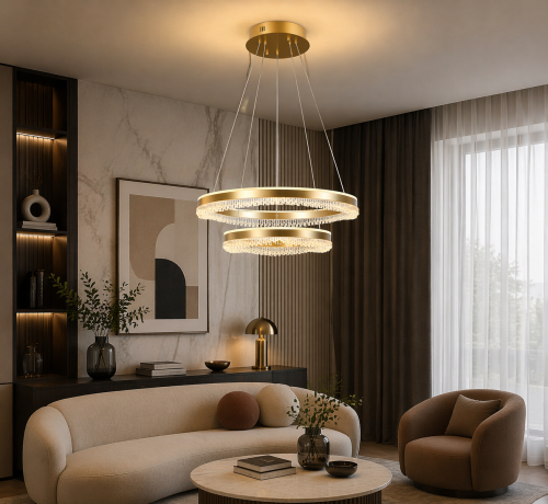 Złota lampa wisząca LED Morte z dwoma pierścieniami i transparentnym kloszem. Styl glamour i nowoczesny design sprawiają, że idealnie pasuje do eleganckich wnętrz.