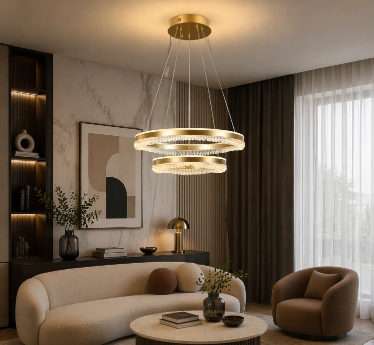 Złota lampa wisząca LED Morte z dwoma pierścieniami i transparentnym kloszem. Styl glamour i nowoczesny design sprawiają, że idealnie pasuje do eleganckich wnętrz.