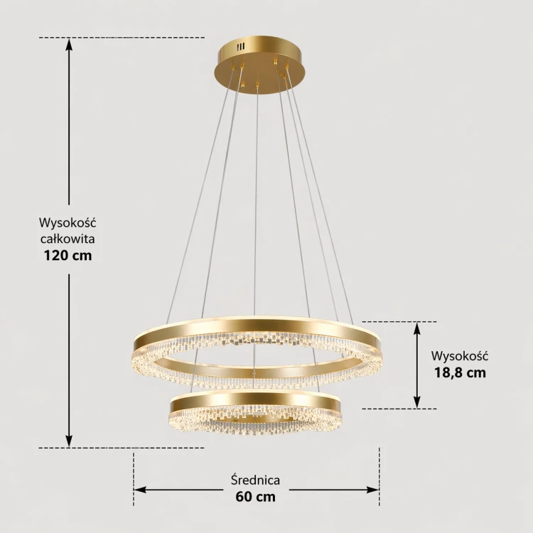Nowoczesna lampa sufitowa Morte LED 60 cm w kolorze złotym. Podwójny ring i efekt kryształowy tworzą dekoracyjne oświetlenie do salonu lub jadalni.