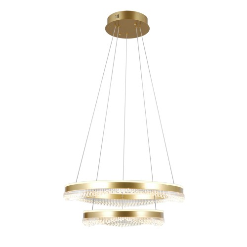 Lampa wisząca Morte 60 cm złota z podwójnym ringiem LED i kryształowym efektem. Nowoczesne oświetlenie do salonu, jadalni lub sypialni zapewniające mocne i równomierne światło.