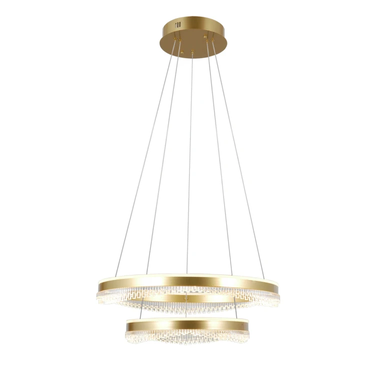 Lampa wisząca Morte 60 cm złota z podwójnym ringiem LED i kryształowym efektem. Nowoczesne oświetlenie do salonu, jadalni lub sypialni zapewniające mocne i równomierne światło.