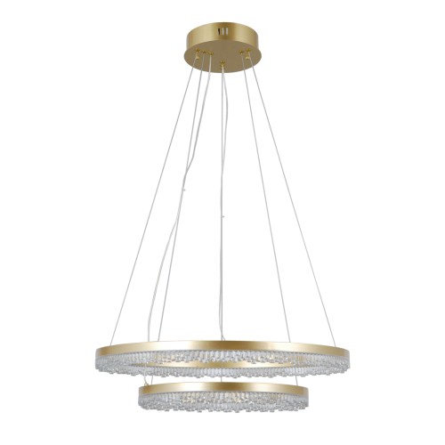 Lampa wisząca Barlo Italux złota z podwójnym ringiem i kryształowym wykończeniem. Eleganckie oświetlenie do jadalni nad stołem, które tworzy luksusowy efekt świetlny.