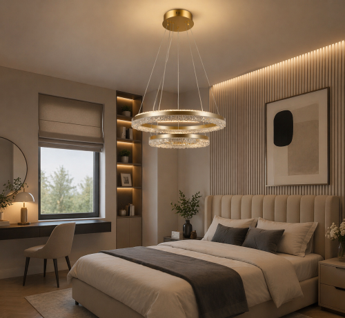 Złota lampa wisząca LED Barlo Italux z dekoracyjnymi kryształami. Nowoczesny design i subtelne światło sprawiają, że idealnie pasuje do salonu lub jadalni.