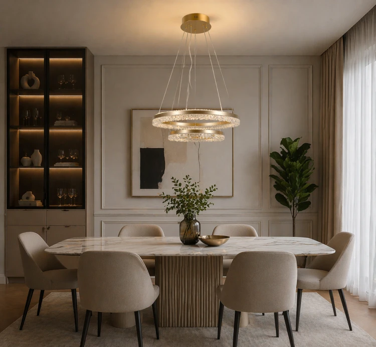Nowoczesna lampa sufitowa Barlo Italux z dwoma pierścieniami LED i efektem kryształowym. Styl glamour doskonale podkreśla elegancję wnętrza.