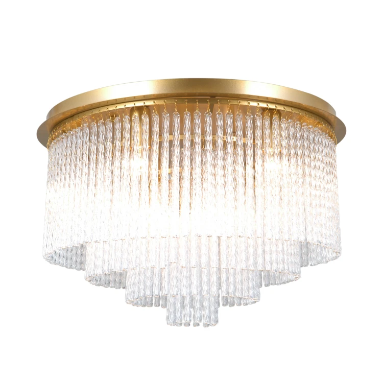 Lampa sufitowa NAUTE Italux złota 50 cm z kryształowym efektem. Elegancki plafon z transparentnymi elementami szklanymi idealny do salonu, sypialni i jadalni.