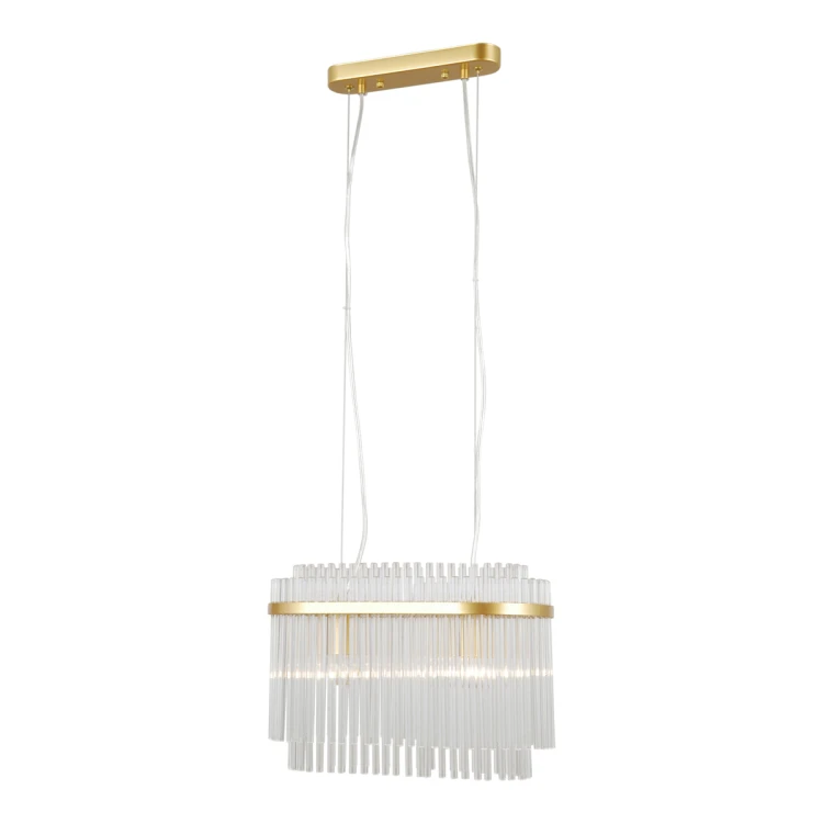 Złota lampa wisząca BONTE 2xE27 Italux idealna do salonu, kuchni i jadalni. Szklane klosze pięknie rozpraszają światło, a nowoczesna forma o długości 41 cm doskonale sprawdzi się nad stołem lub wyspą.