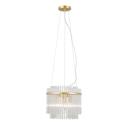 Lampa wisząca BONTE złota Italux nad stół w jadalni, nowoczesna aranżacja wnętrza z drewnianym stołem i jasnymi krzesłami. Szklane klosze pięknie rozpraszają światło, tworząc przytulny i elegancki klimat.