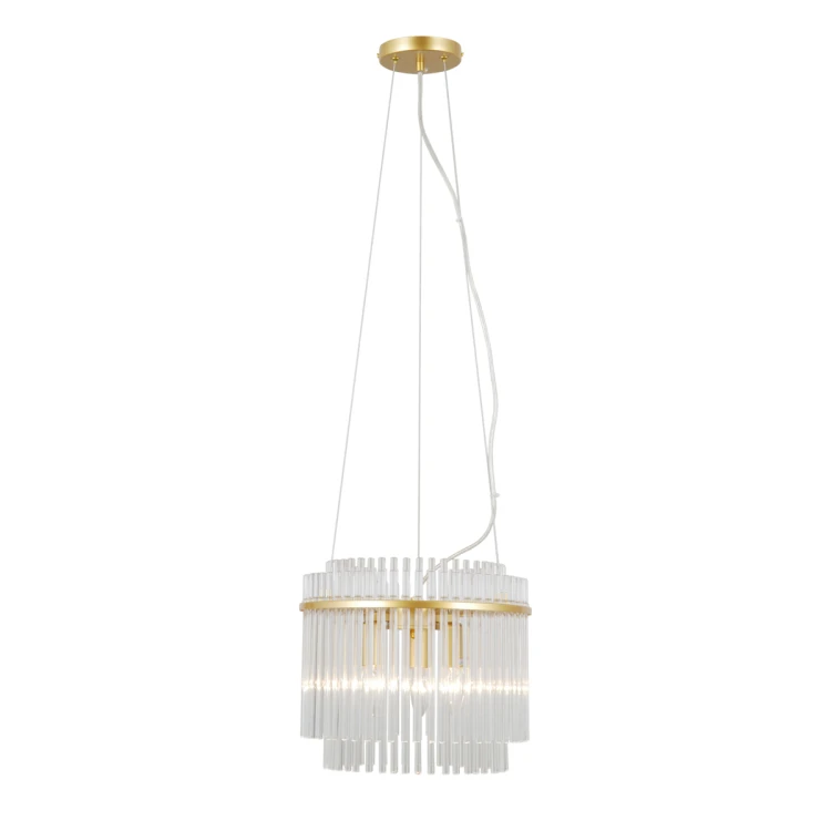 Lampa wisząca BONTE złota Italux nad stół w jadalni, nowoczesna aranżacja wnętrza z drewnianym stołem i jasnymi krzesłami. Szklane klosze pięknie rozpraszają światło, tworząc przytulny i elegancki klimat.