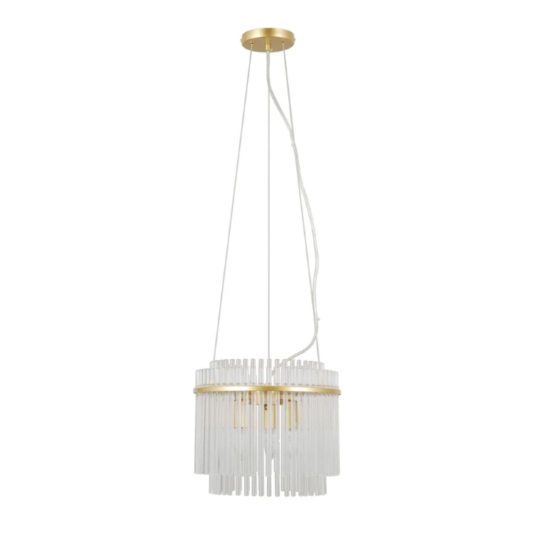 Nowoczesna lampa sufitowa BONTE Italux w kolorze złotym w aranżacji salonu i jadalni. Owalna forma i transparentne klosze nadają wnętrzu lekkości i stylu glamour, idealna nad stół lub wyspę kuchenną.