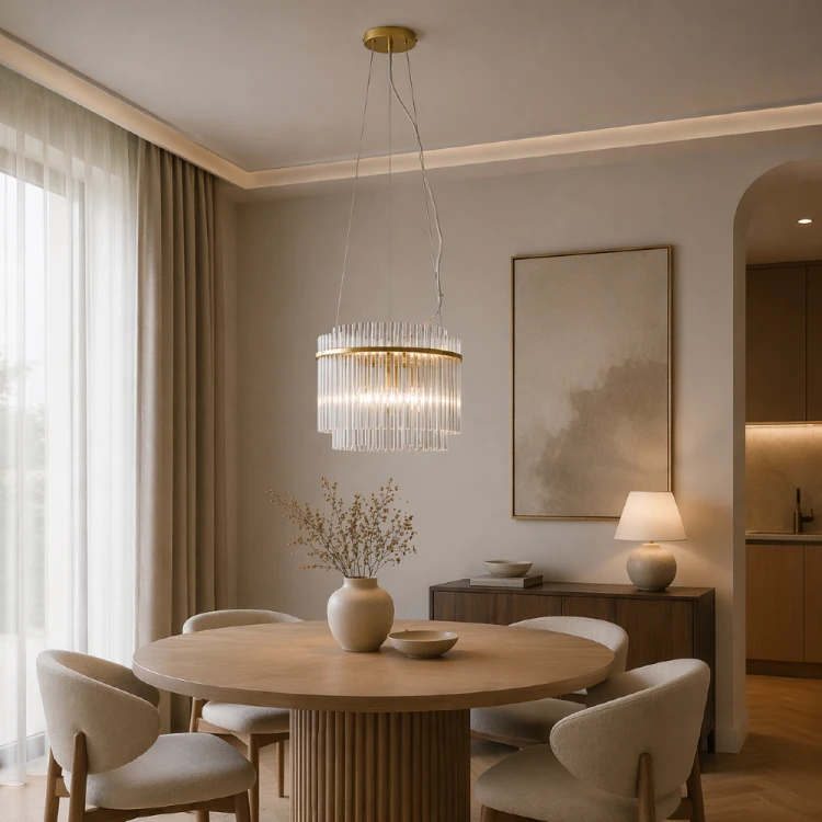 Złota lampa wisząca BONTE 2xE27 Italux w minimalistycznym wnętrzu. Szklane elementy i ciepłe światło tworzą przytulną atmosferę, doskonałą do salonu, sypialni lub jadalni w stylu nowoczesnym.