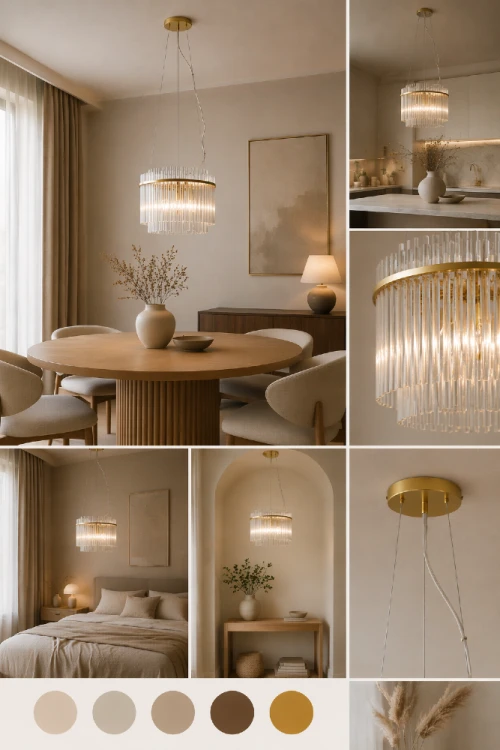 Elegancka lampa BONTE Italux w aranżacji wnętrza z jasnymi kolorami i drewnem. Oświetlenie nad stołem z transparentnymi kloszami i złotą konstrukcją idealnie wpisuje się w styl modern i japandi.