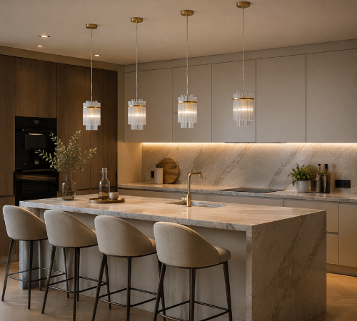 Detal lampy BONTE Italux w kolorze złotym z cylindrycznym kloszem ze szkła. Stylowe oświetlenie nad blat lub stół, które pięknie rozprasza światło i pasuje do wnętrz modern i glamour.