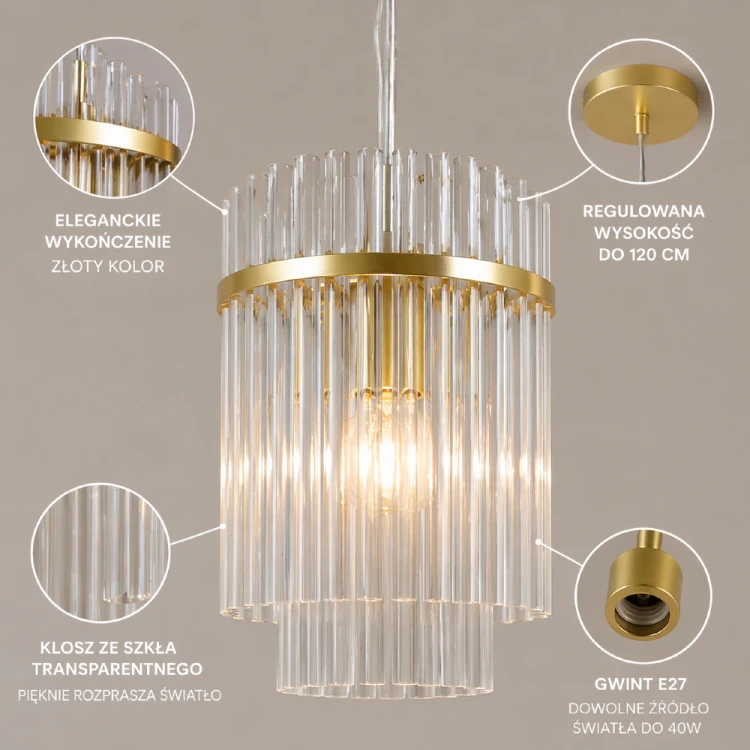 Lampa sufitowa BONTE 1xE27 Italux – zbliżenie na złotą konstrukcję i szklane elementy. Eleganckie oświetlenie do kuchni, jadalni lub salonu, podkreślające nowoczesny charakter wnętrza.