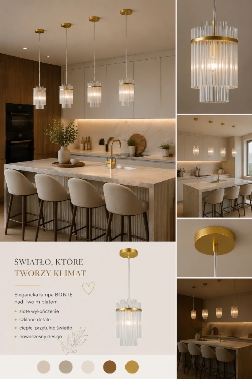 Zbliżenie lampy wiszącej BONTE złotej z kloszem ze szkła. Styl glamour i nowoczesny design sprawiają, że lampa doskonale pasuje do eleganckich aranżacji wnętrz.