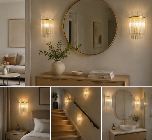 Złoty kinkiet BONTE Italux na ścianie obok lustra. Szklane elementy pięknie rozpraszają światło, tworząc przytulny klimat w łazience, sypialni lub przedpokoju.