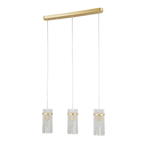 Lampa wisząca MERTO Italux 3xE14 w kolorze złotym nad stołem w jadalni. Trzy szklane klosze na podłużnej listwie tworzą eleganckie oświetlenie do kuchni, salonu lub nowoczesnej wyspy kuchennej