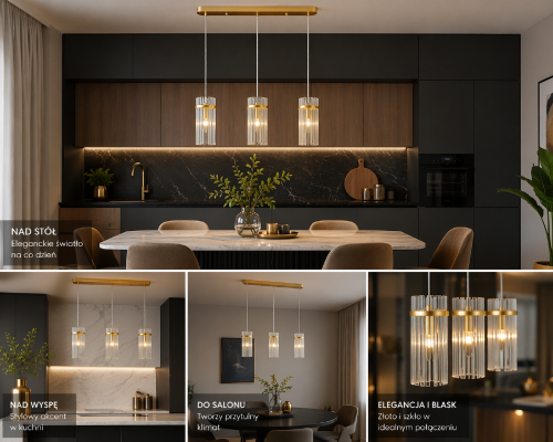 Złota lampa sufitowa MERTO 3xE14 Italux z transparentnymi kloszami ze szkła. Nowoczesne oświetlenie wiszące nad stół lub blat, idealne do wnętrz w stylu glamour, modern i minimalistycznym.