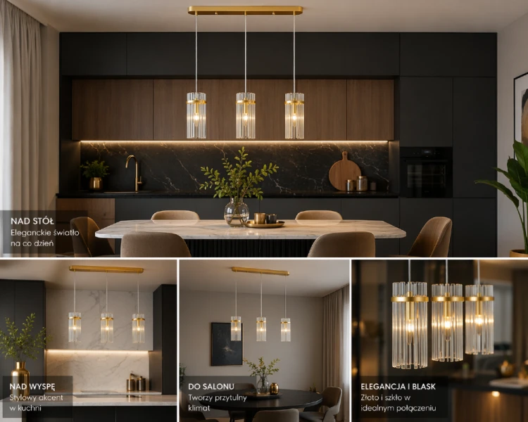 Złota lampa sufitowa MERTO 3xE14 Italux z transparentnymi kloszami ze szkła. Nowoczesne oświetlenie wiszące nad stół lub blat, idealne do wnętrz w stylu glamour, modern i minimalistycznym.
