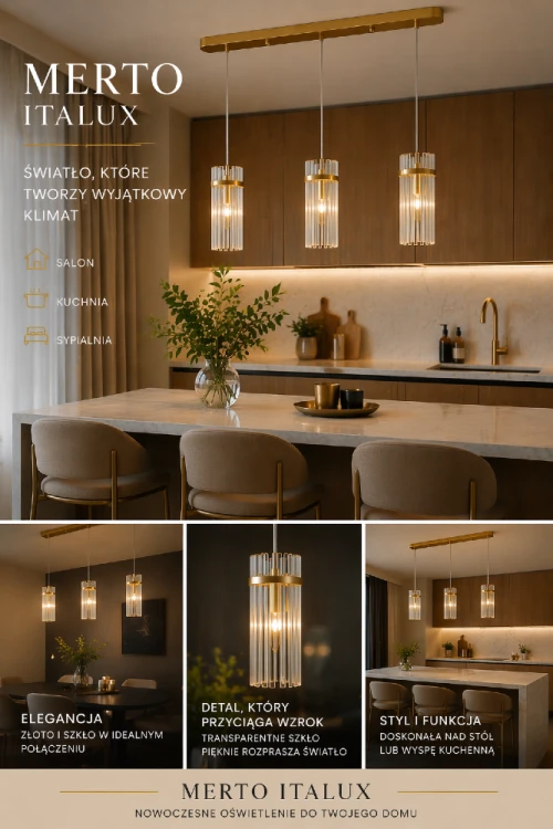 Nowoczesna lampa wisząca MERTO Italux nad wyspę kuchenną lub stół. Złote wykończenie i trzy cylindryczne klosze ze szkła nadają wnętrzu elegancji i zapewniają stylowe oświetlenie.