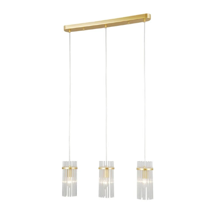 Lampa MERTO Italux z trzema punktami światła E14 na złotej listwie. Szklane klosze pięknie rozpraszają światło, tworząc przytulny klimat w jadalni, kuchni, salonie lub gabinecie.