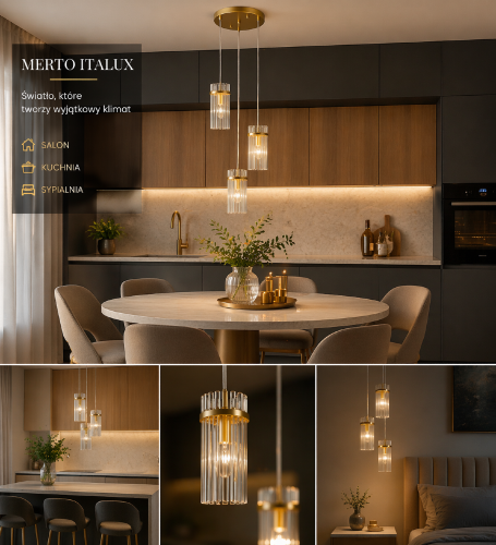 Złota lampa MERTO Italux 3xE14 w formie kaskady to stylowe oświetlenie sufitowe. Transparentne klosze pięknie rozpraszają światło, idealna do jadalni, salonu i klatki schodowej.