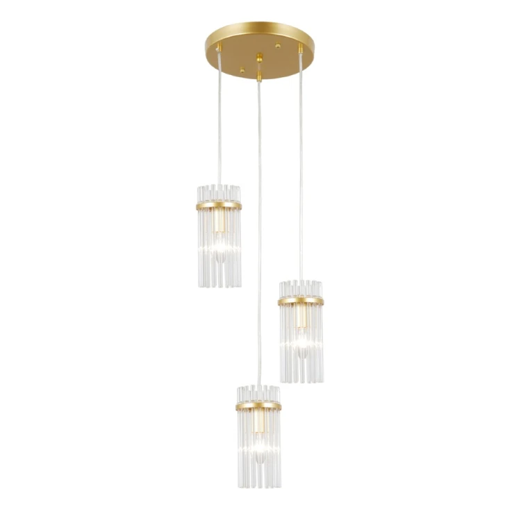 Nowoczesna lampa wisząca MERTO Italux z trzema kloszami ze szkła. Kaskadowa forma nadaje wnętrzu elegancji, a złote wykończenie podkreśla styl glamour i minimalistyczny.