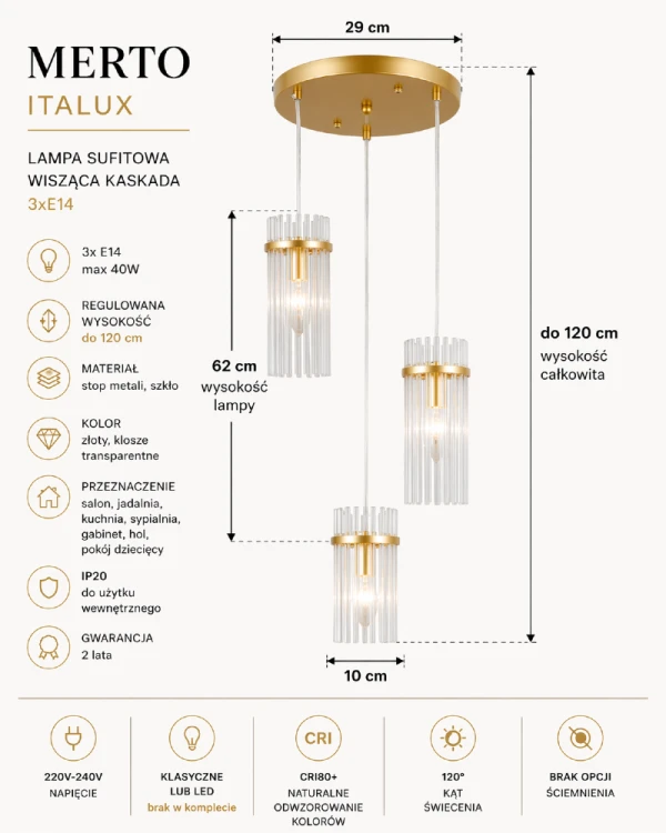 Stylowa lampa sufitowa MERTO Italux w kolorze złotym. Kaskadowy układ trzech kloszy zapewnia efektowne oświetlenie i nowoczesny design do kuchni, salonu i jadalni.