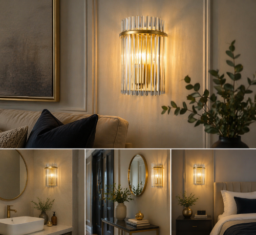 Złoty kinkiet MERTO Italux z cylindrycznym kloszem ze szkła. Stylowe oświetlenie ścienne idealne do wnętrz glamour i nowoczesnych, doskonałe przy łóżku lub lustrze.
