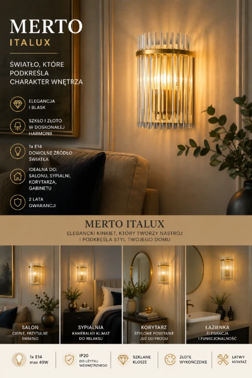 Nowoczesny kinkiet MERTO Italux złoty z kloszem transparentnym. Eleganckie oświetlenie do wnętrz, które podkreśla styl i tworzy ciepłą atmosferę.