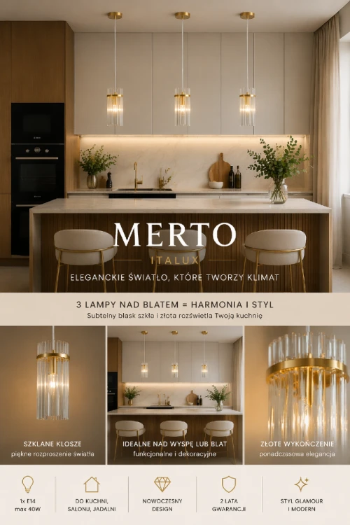Lampa MERTO 1xE14 Italux w kolorze złotym to idealne oświetlenie nad stół lub blat. Transparentny klosz zapewnia przyjemne rozproszenie światła i elegancki wygląd.
