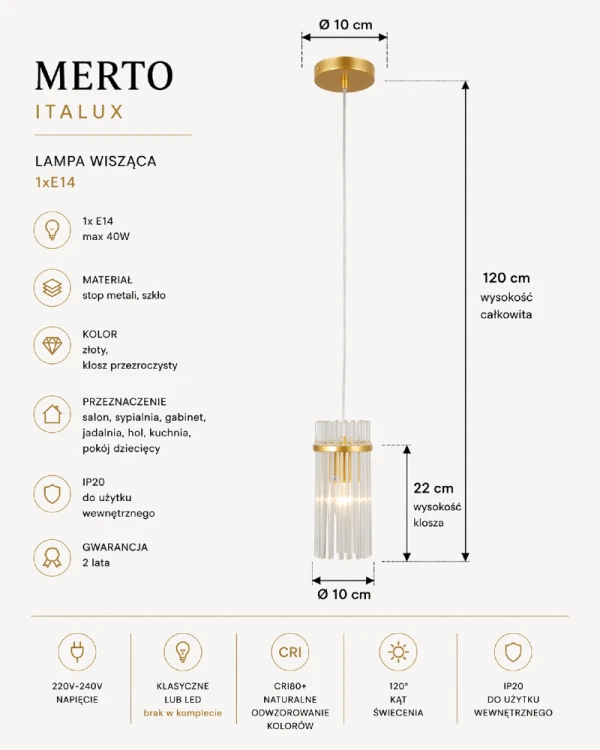 Stylowa lampa sufitowa MERTO Italux złota z jednym źródłem światła E14. Doskonała do nowoczesnych wnętrz, zapewnia funkcjonalne i dekoracyjne oświetlenie.