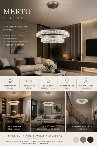 Nowoczesna lampa sufitowa PANTAL Italux w kolorze srebrnym z podwójnym ringiem LED. Stylowe oświetlenie do wnętrz glamour i minimalistycznych.