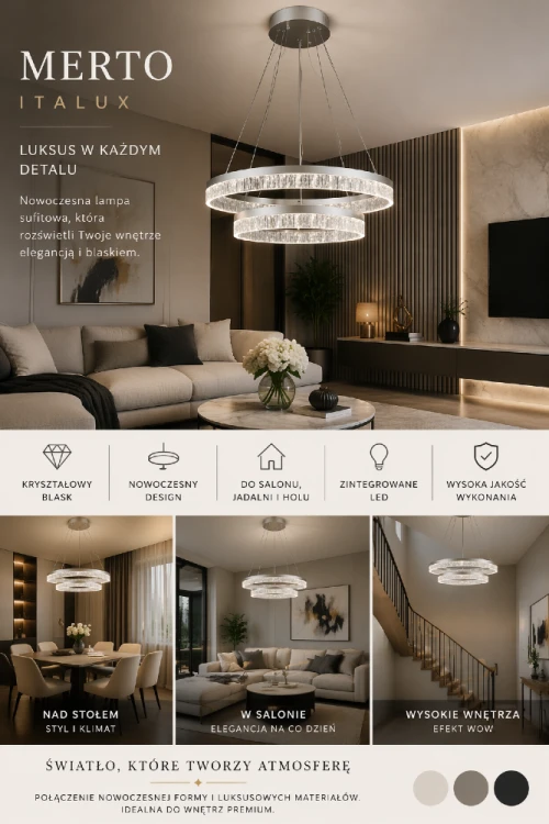 Nowoczesna lampa sufitowa PANTAL Italux w kolorze srebrnym z podwójnym ringiem LED. Stylowe oświetlenie do wnętrz glamour i minimalistycznych.