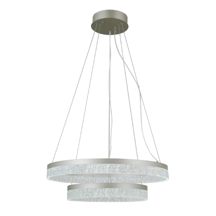 Srebrna lampa wisząca PANTAL Italux z dwoma pierścieniami LED. Idealna do nowoczesnych wnętrz, zapewnia jasne i dekoracyjne światło.