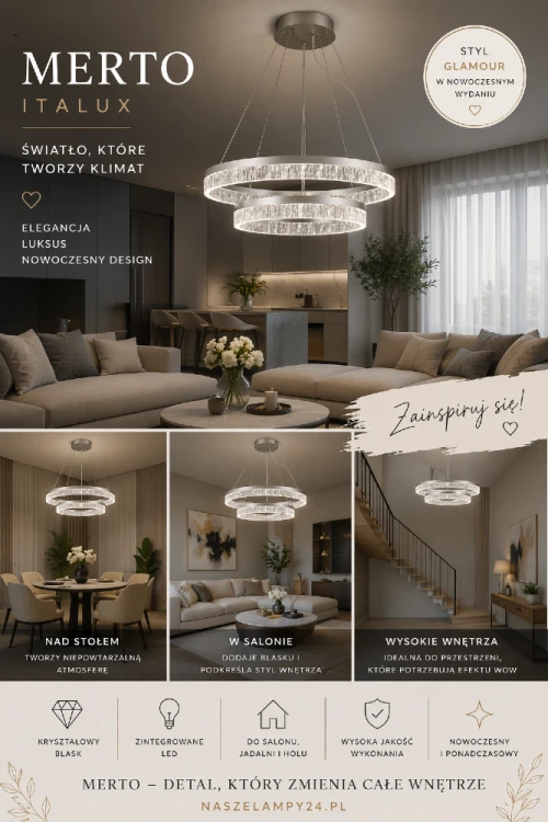 Lampa LED PANTAL Italux 2 ringi srebrna nad stół lub do salonu. Efektowne oświetlenie z możliwością zmiany barwy światła.