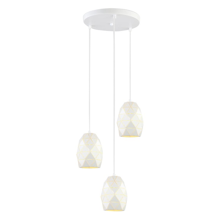 Nowoczesna lampa sufitowa HARLEY Italux 3x40W w kolorze białym. Geometryczne klosze z metalu, szerokość 35 cm, regulowana wysokość do 120 cm. Idealna do salonu, jadalni i kuchni, kompatybilna z LED.