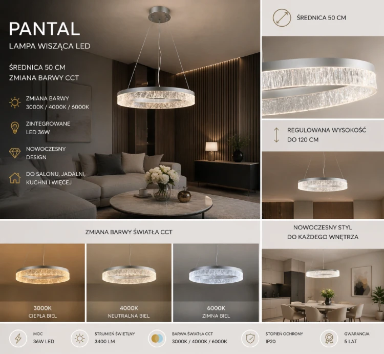 Lampa LED PANTAL Italux 22W srebrna nad stół lub do salonu. Elegancki design i funkcja CCT zapewniają komfortowe oświetlenie.