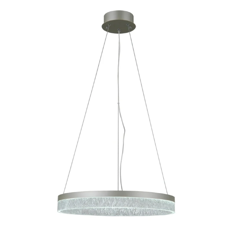 Srebrna lampa wisząca PANTAL Italux z jednym pierścieniem LED. Idealna do nowoczesnych wnętrz, tworzy subtelny i dekoracyjny efekt światła.